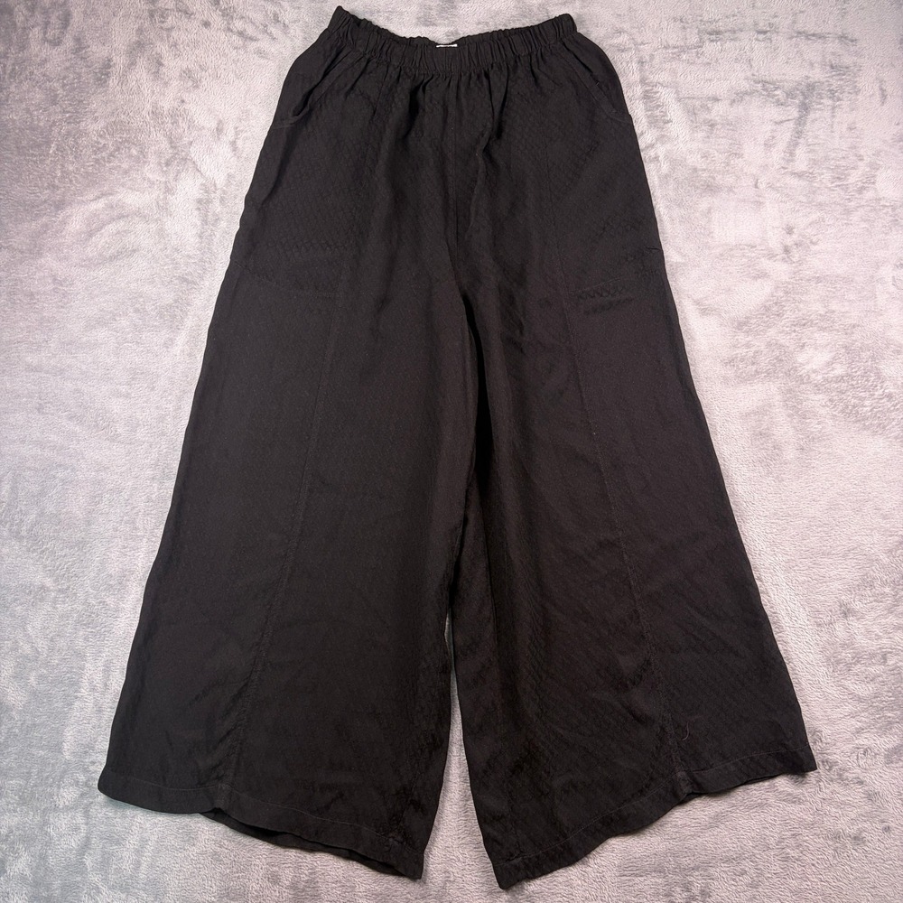 Mosaic Wide Leg Crop Pants Women's S Black Elastic Waist Lagenlook Flowy Palazzo